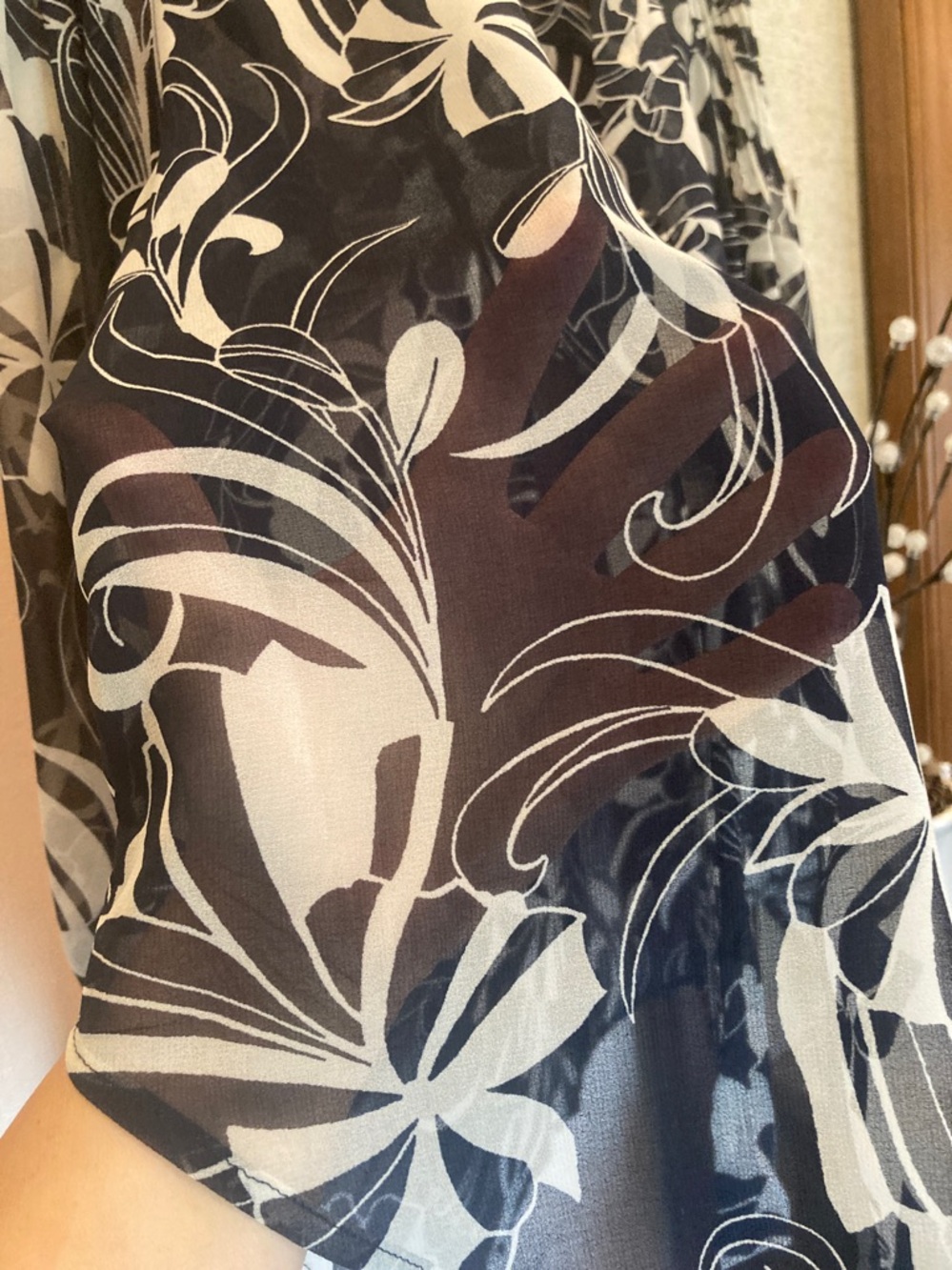 Chico's Navy and White Floral Sheer V-Neck - front Button up Blouse - Picture 5 of 9